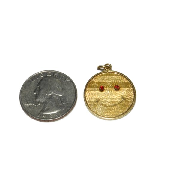 Happy Smiley Face Emoji Pendant in 14k Yellow Gold 2 Sided w Ruby - Picture 3 of 14